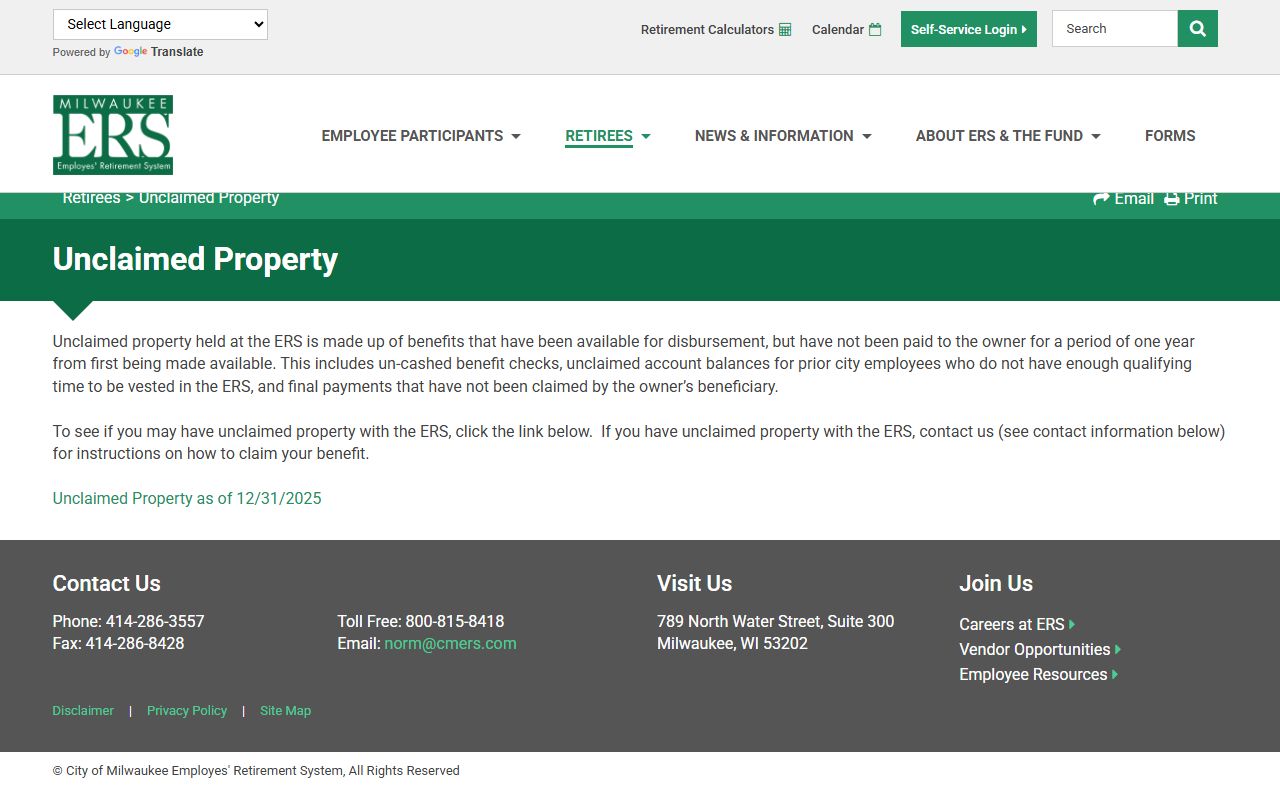 Milwaukee City Unclaimed Money at CMERS