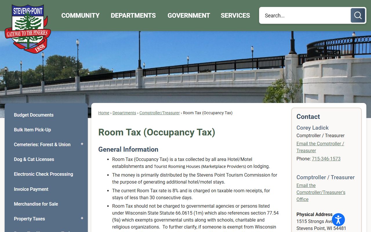 Stevens Point Unclaimed Money room tax records page