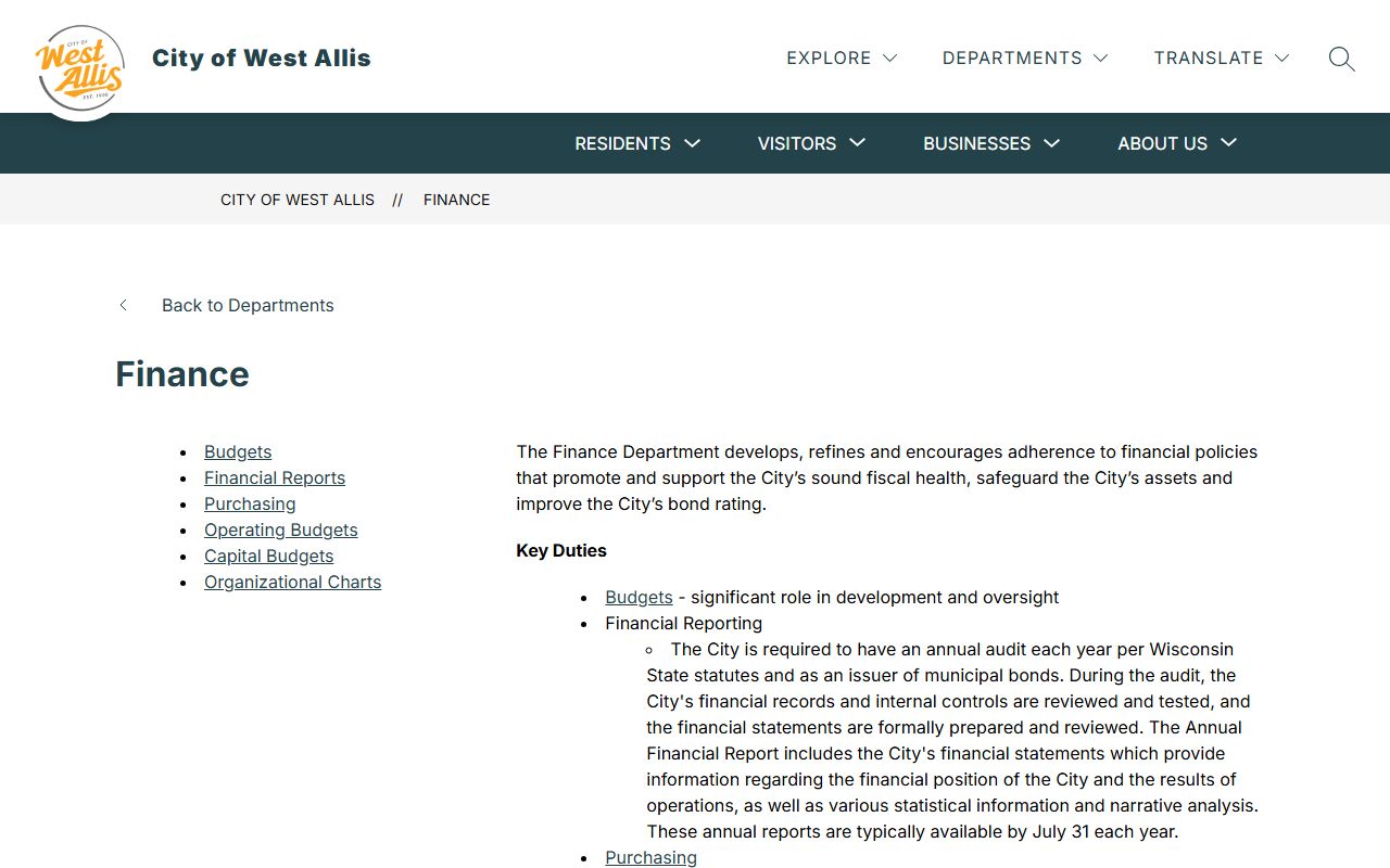 West Allis Unclaimed Money finance department page