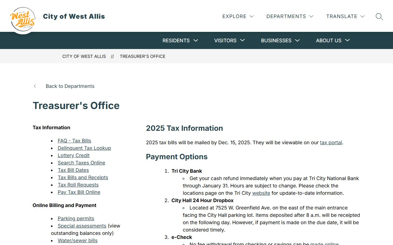 West Allis Unclaimed Money treasurer's office page