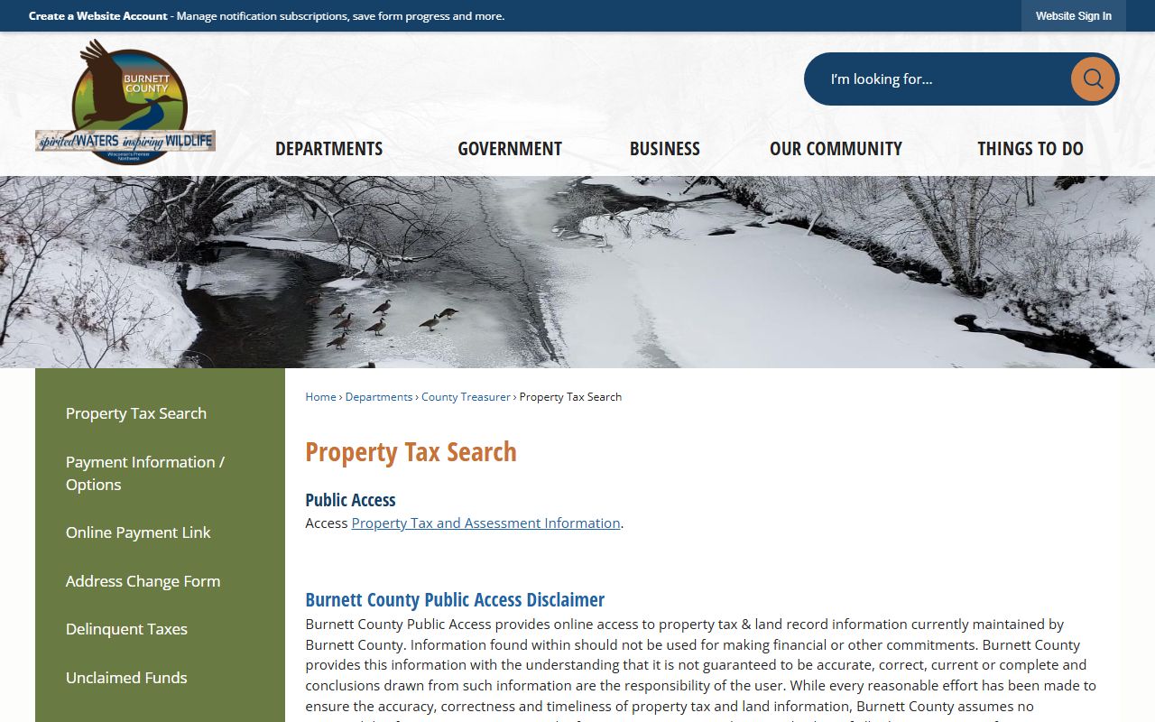 Burnett County Unclaimed Money property tax search page
