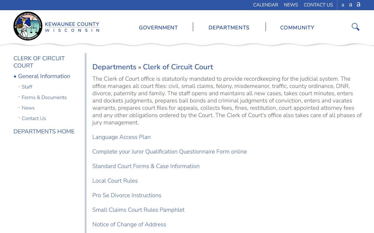Kewaunee County Unclaimed Money clerk of circuit court page