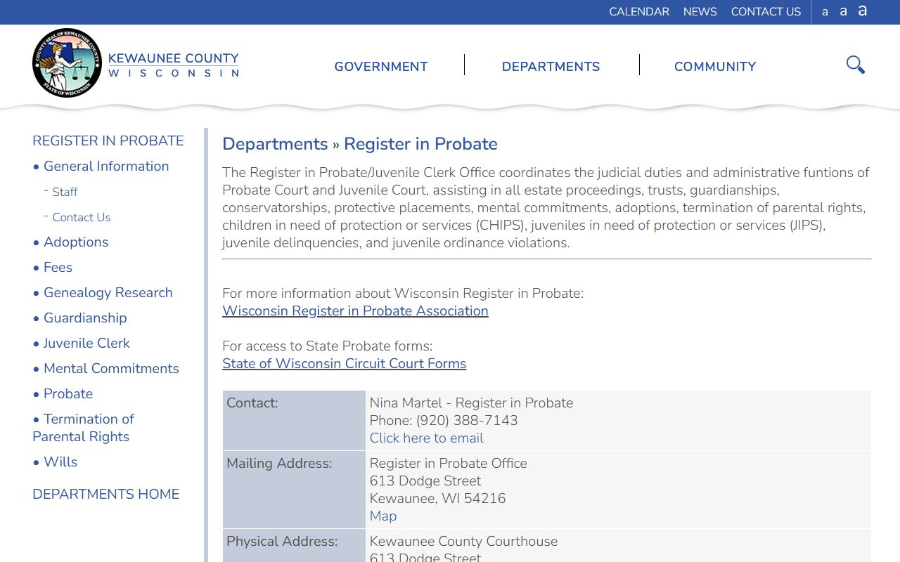 Kewaunee County Unclaimed Money register in probate page