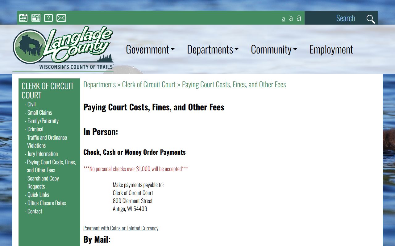 Langlade County Unclaimed Money court costs and fees page