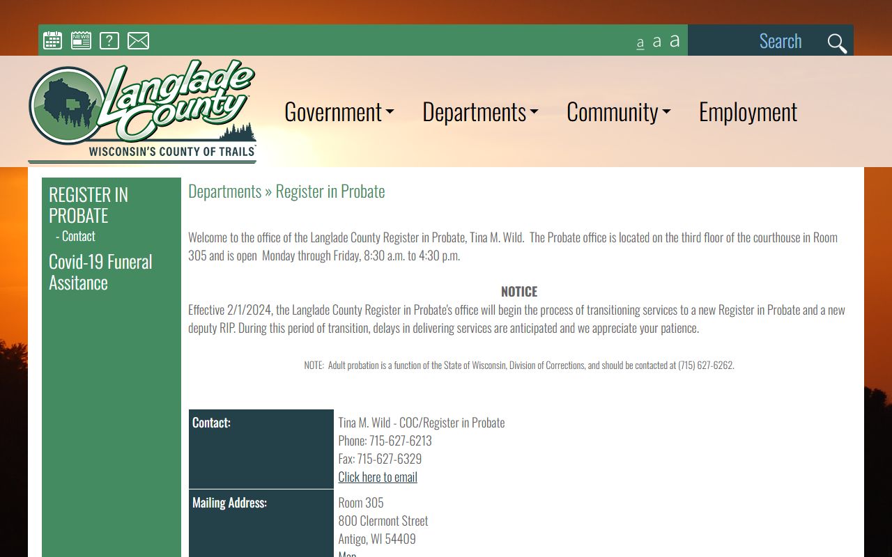 Langlade County Unclaimed Money register in probate page