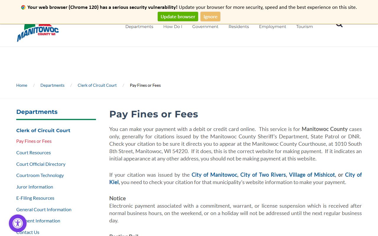 Manitowoc County Unclaimed Money court fines and fees page