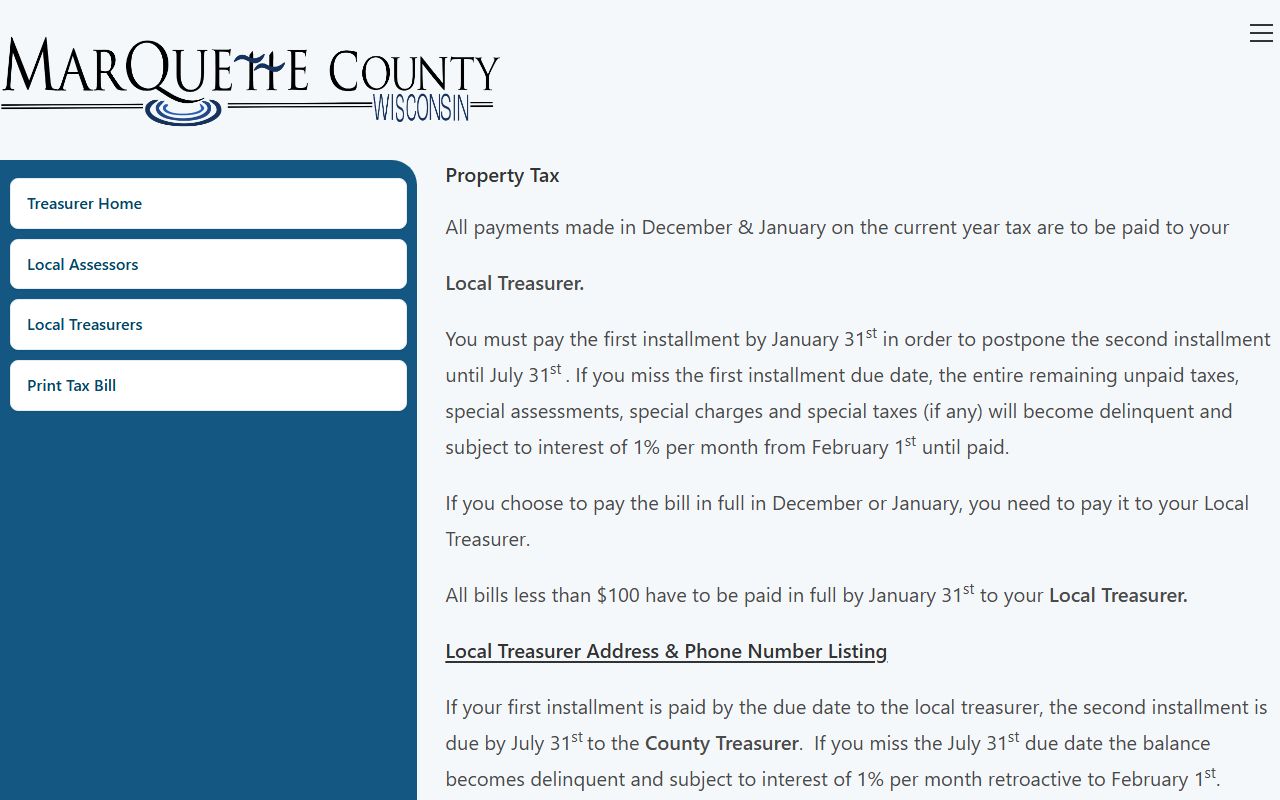 Marquette County Unclaimed Money property tax page