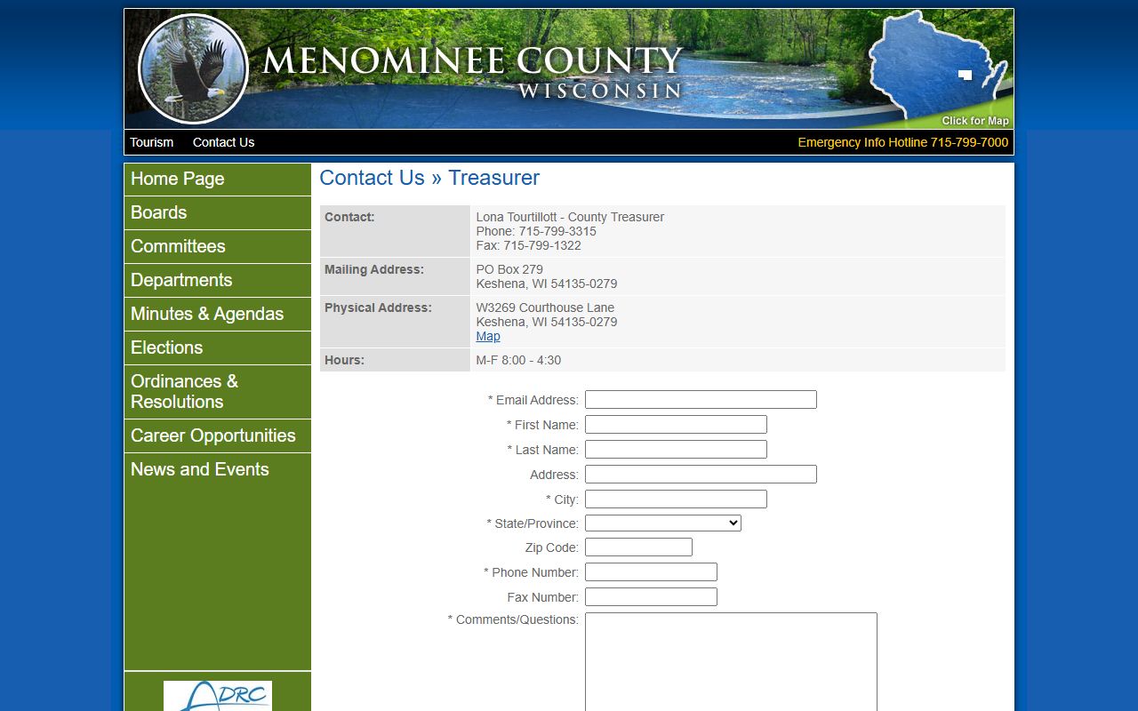 Menominee County Unclaimed Money contact page for the treasurer office