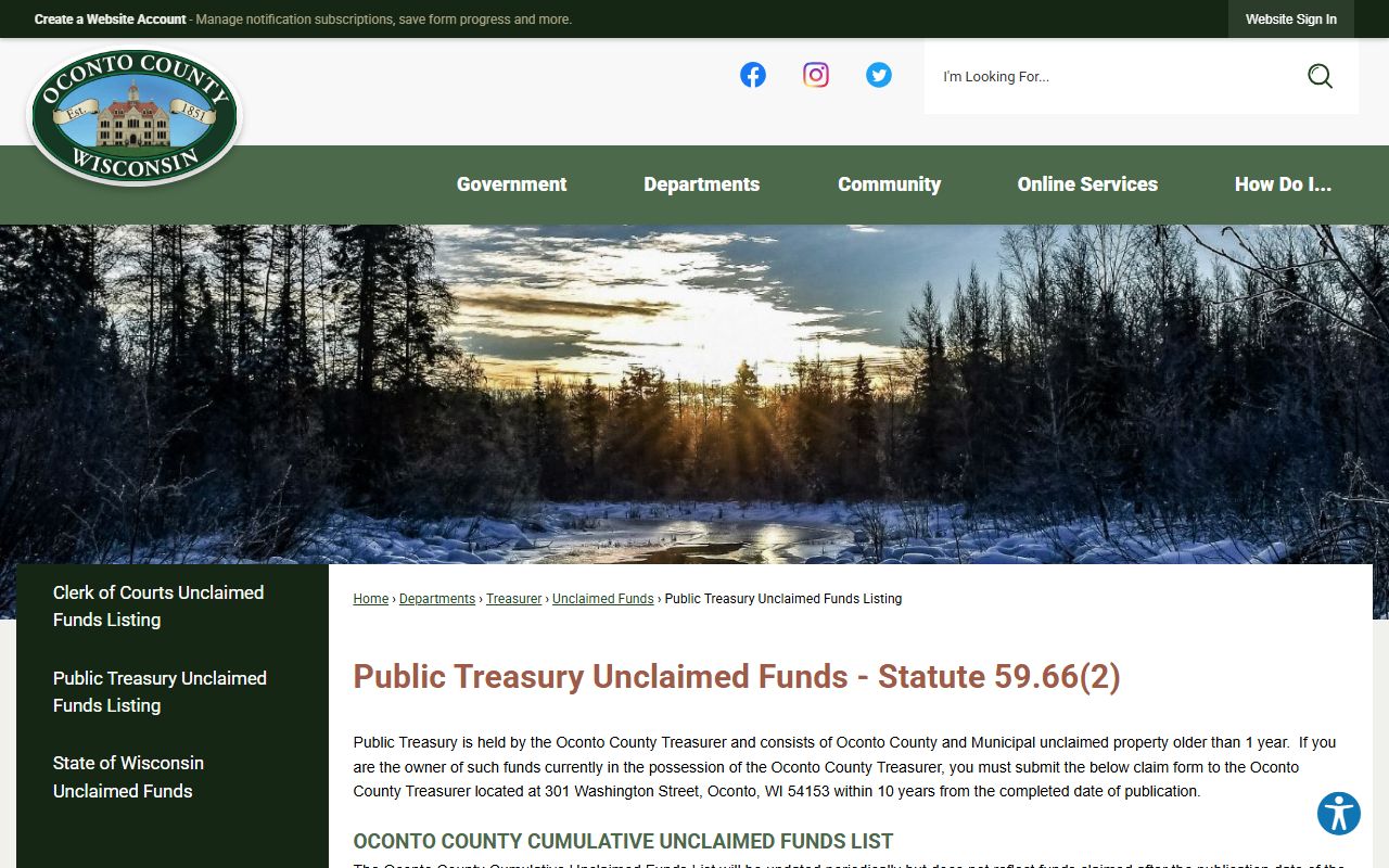 Oconto County Unclaimed Money public treasury listing