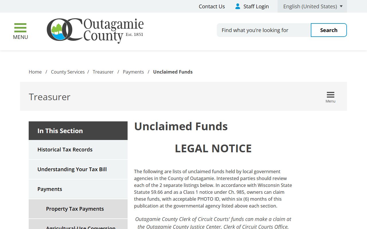 Appleton Unclaimed Money on the Outagamie County claim page