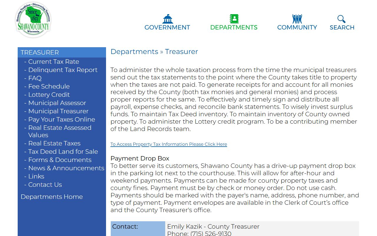 Shawano County Unclaimed Money treasurer page