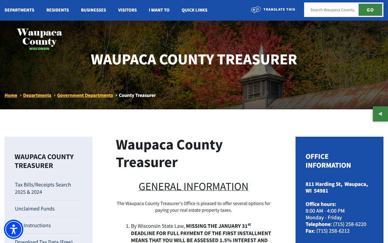 Waupaca County Unclaimed Money treasurer page