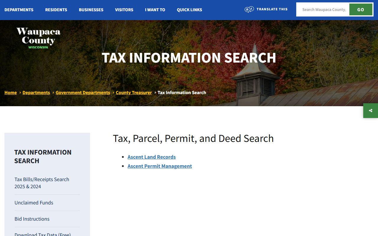Waupaca County Unclaimed Money tax search page