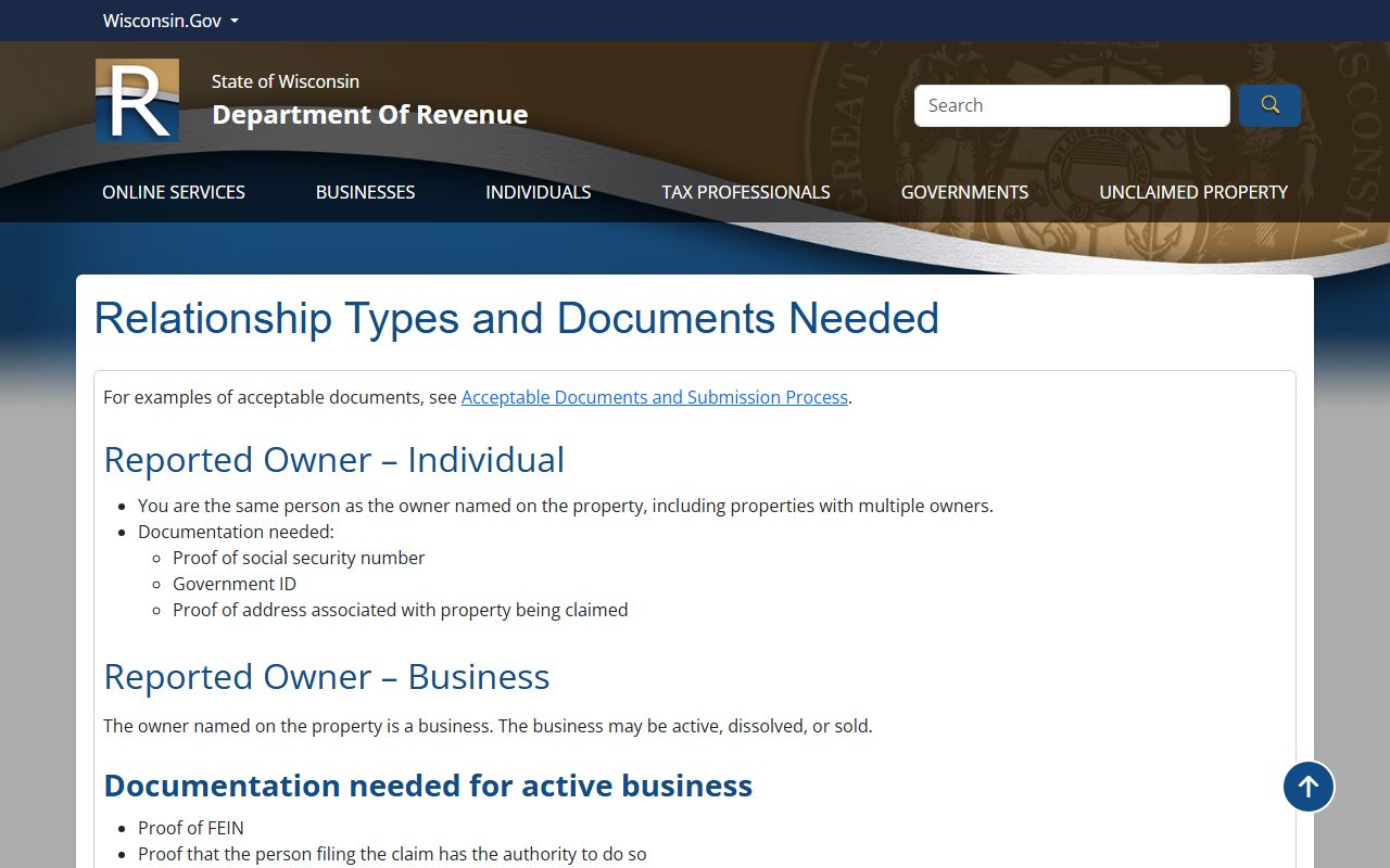 Wisconsin Unclaimed Money DOR relationship types page