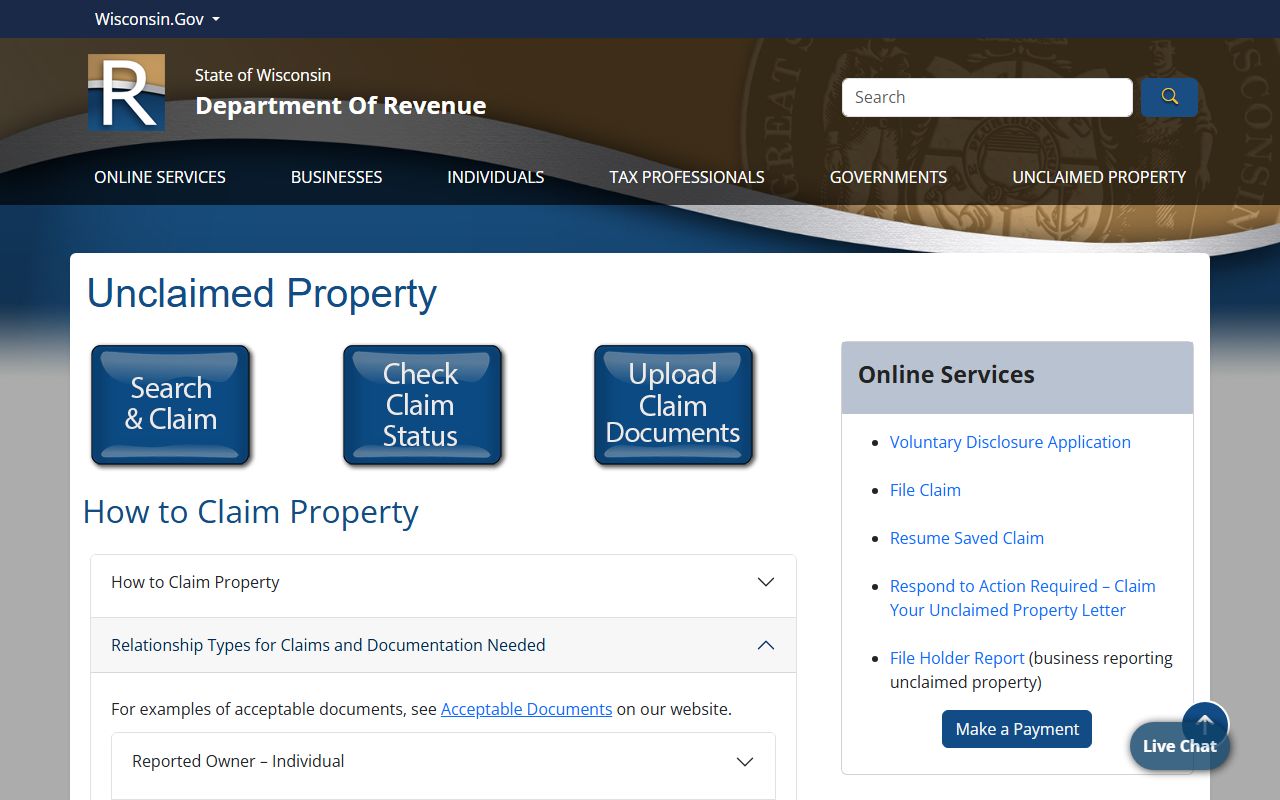 Wisconsin Unclaimed Money statewide DOR search page