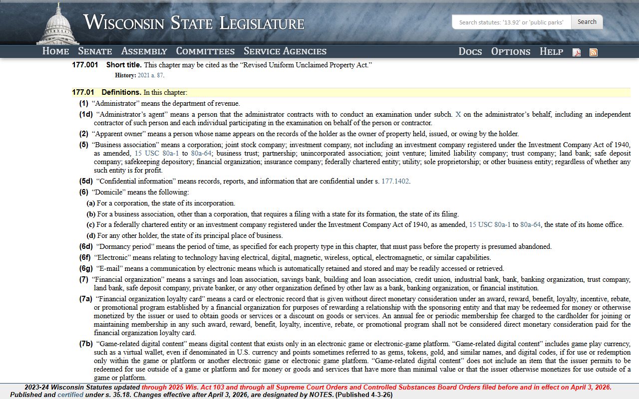 Wisconsin Unclaimed Money statutes page for Chapter 177